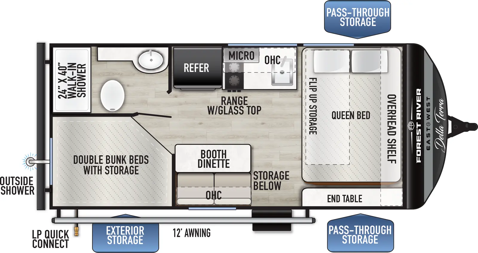 The Della Terra 170BHXLE floorplan has one entry and zero slide outs. Exterior features include: metal exterior and 12' awning. Interiors features include: bunk beds and front bedroom.